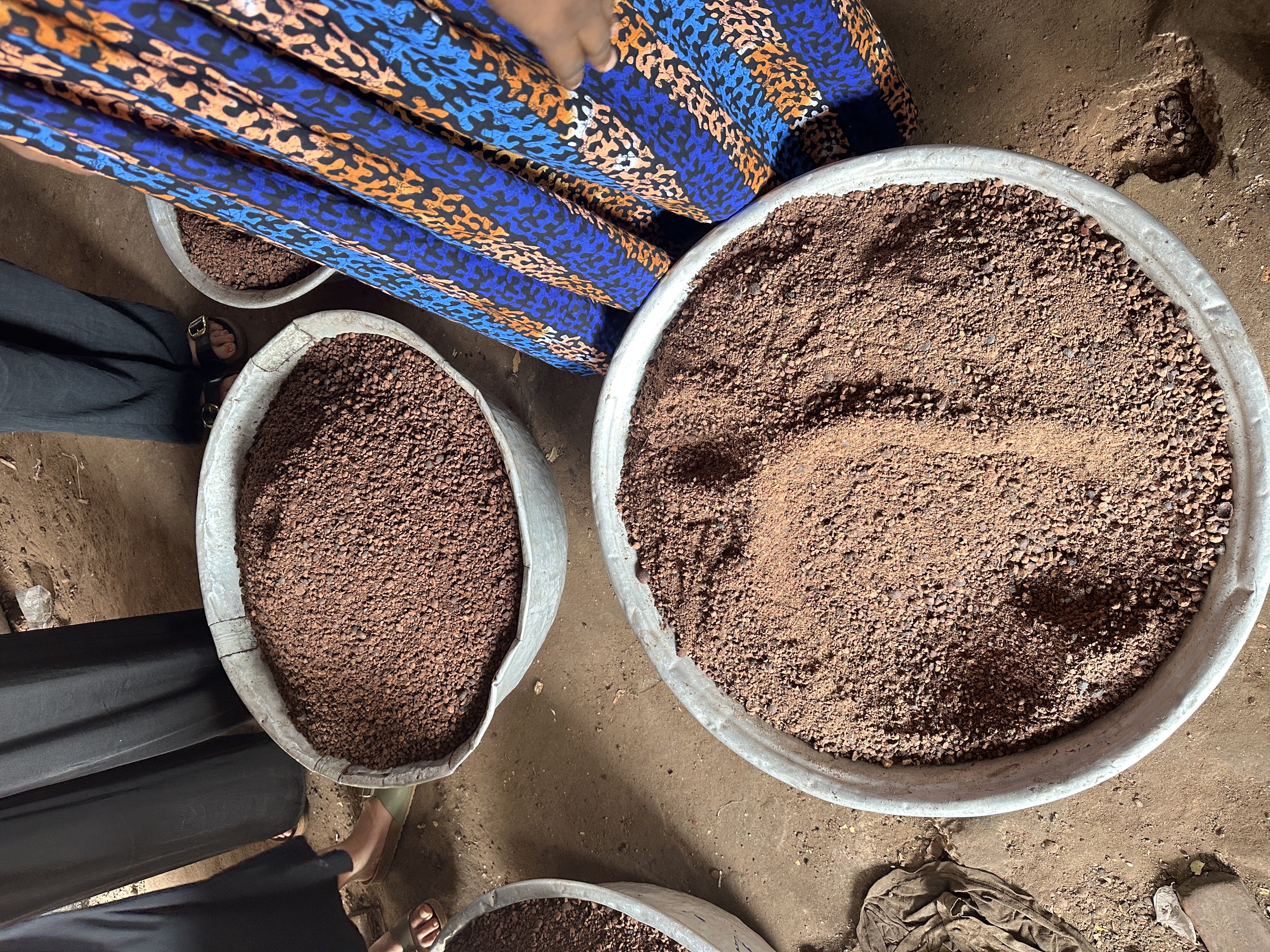 Ground shea kernels in metal basins during processing, Northern Ghana